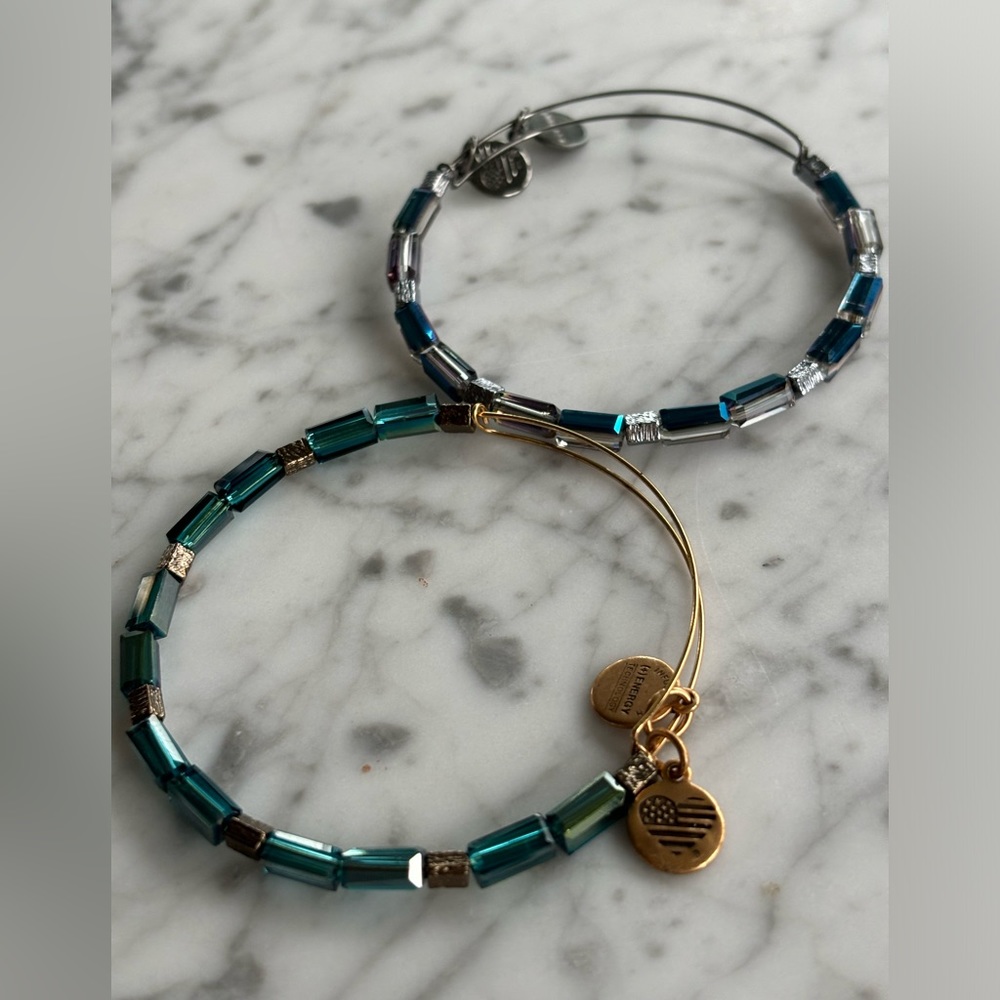 Lot of 2 Alex and Ani Iridescent Beaded Bracelets Blue Gunmetal Gold